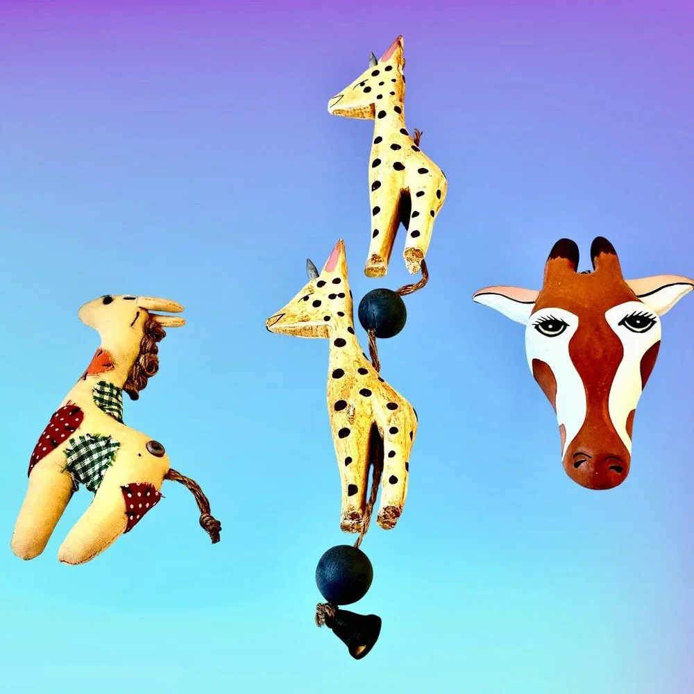Giraffe Decor Hanging Ornament Vintage Wood + Fabric - Lot of 3 as is flaw